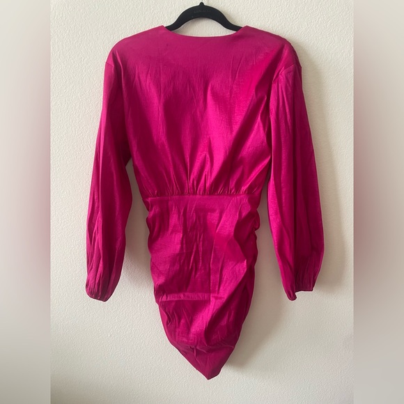 Revolve Lovers + friends hot pink Lorenza deep v long sleeve rouched mini dress - Picture 6 of 6